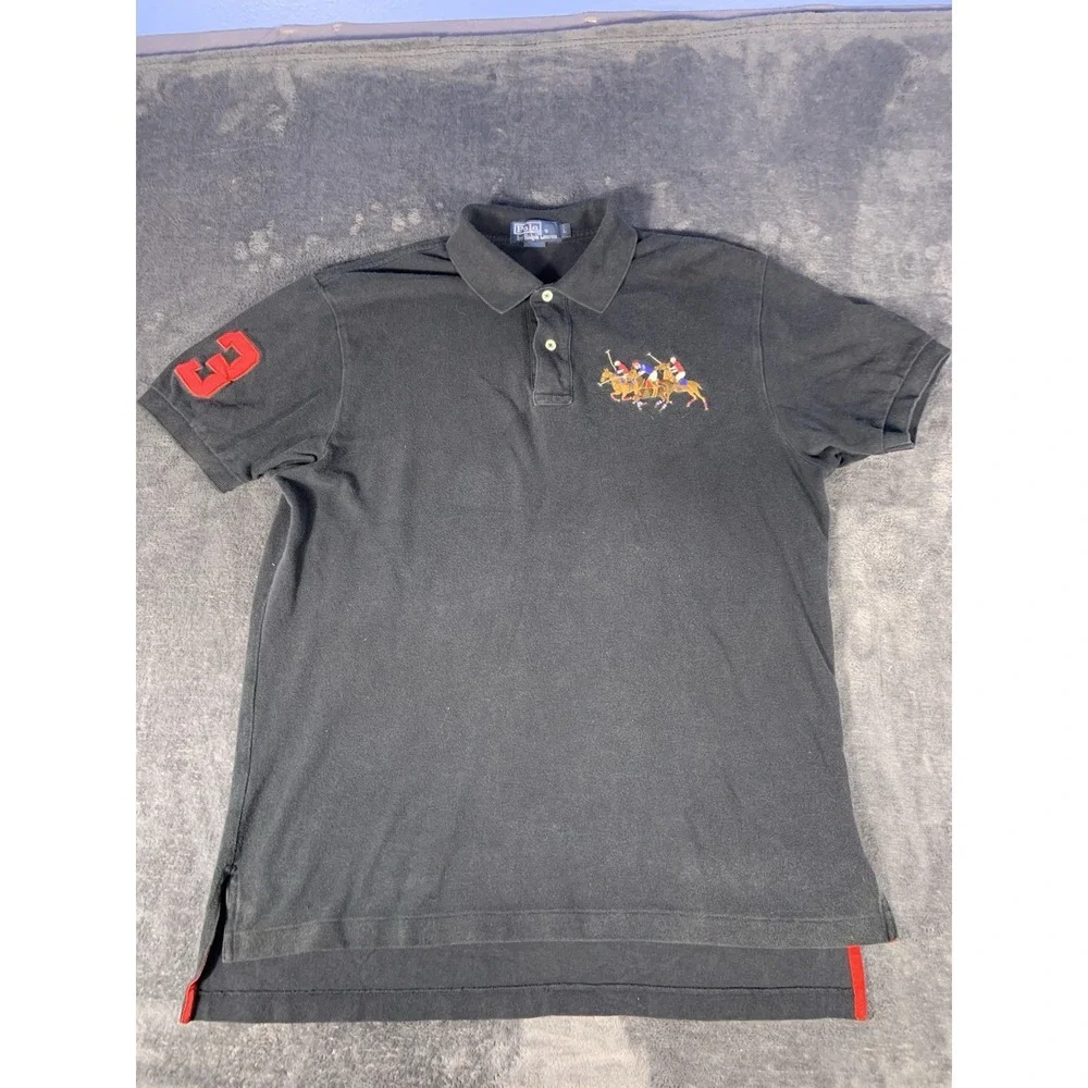 Polo Ralph Lauren Triple Pony Polo Shirt Men L Black Cotton Pique Classic Fit L